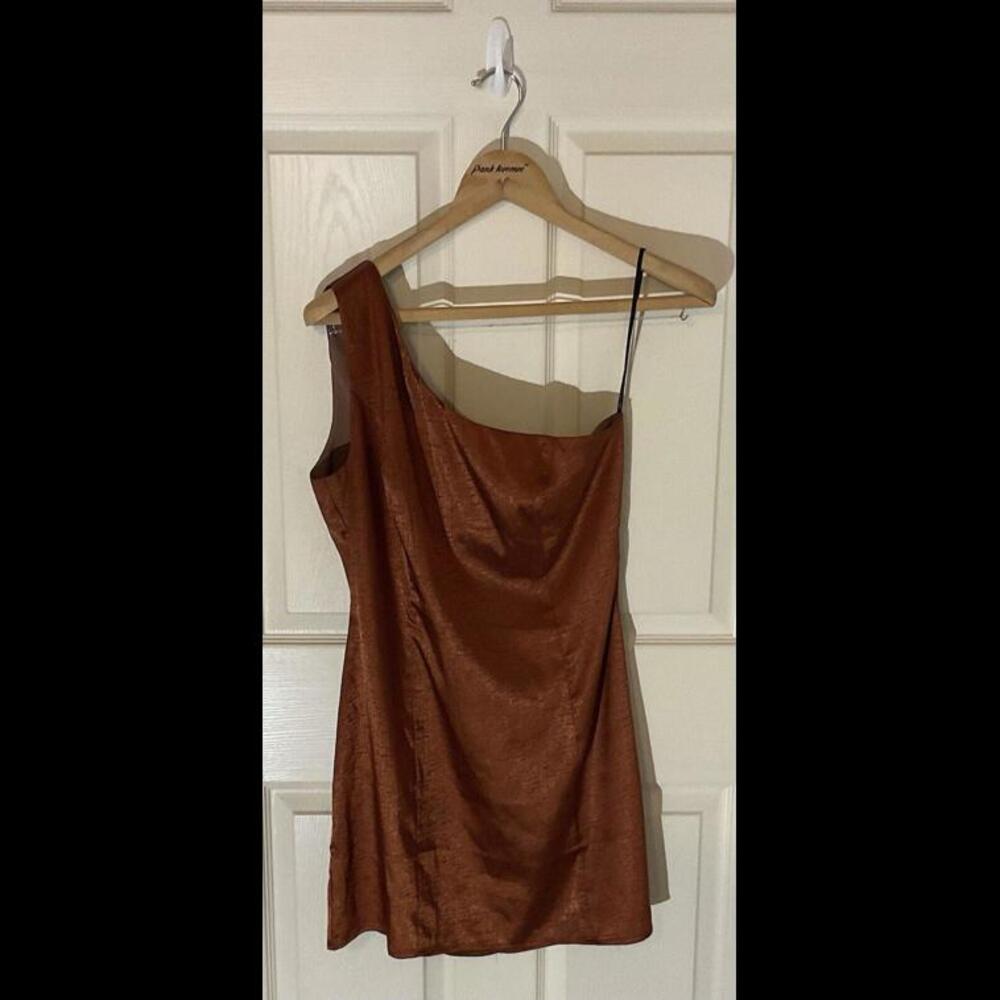 LULUS Women’s Lisette One-shoulder Satin Jacquard Minidress Size L Copper - A41